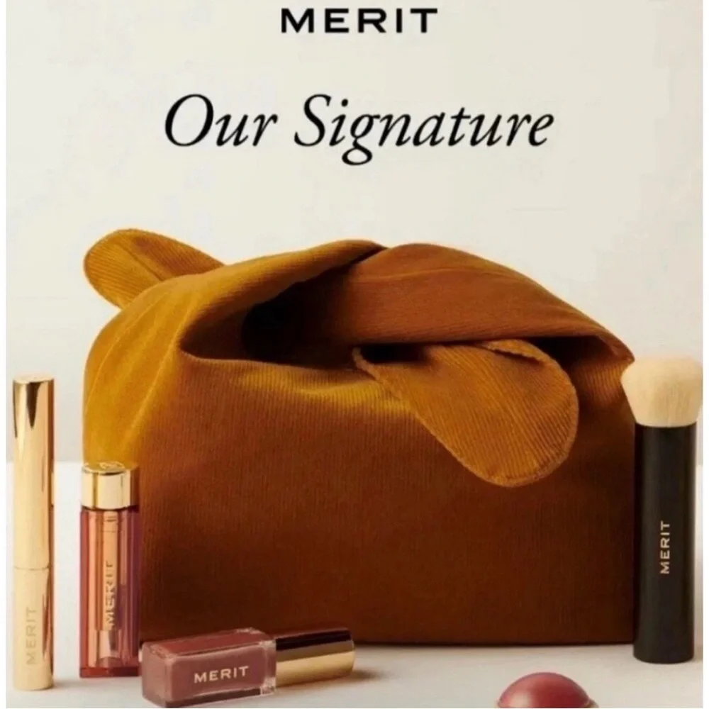 Merit Beauty The Signature Cosmetic Makeup Bag Corduroy Tie Top Pouch Brown - Picture 2 of 7